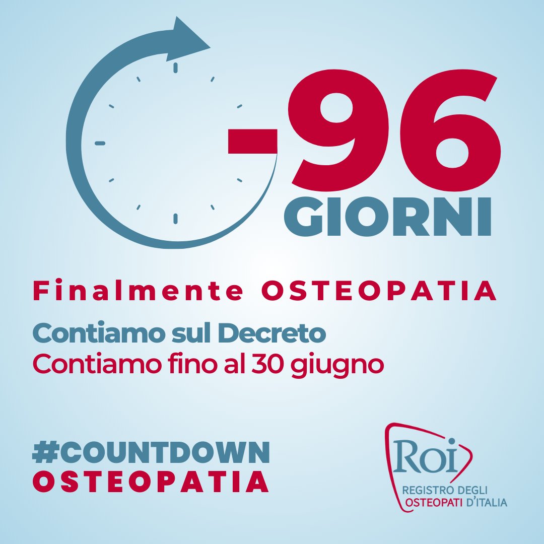 ROI_Osteopati's tweet photo. #COUNTDOWNOSTEOPATIA -96 giorni al Decreto Milleproroghe che fissa la 30.06.23 la data ultima per concludere l'attuazione della legge istitutiva dell'#osteopatia. 

@mur_gov_
@BerniniAM
@MinisteroSalute
@marcellogemmato

#osteopati #osteopatiaprofessionesanitaria https://t.co/8tcnG3wUUC