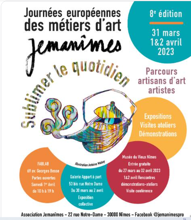 coeurdenimes's tweet photo. Huitième  édition des métiers d'art  à #Nîmes ! Une occasion de découvrir les talents et les savoir-faire de des #artisans, #artistes et #créateurs nîmois du 31 mars au 2 avril. https://t.co/wCZbdUiZME
