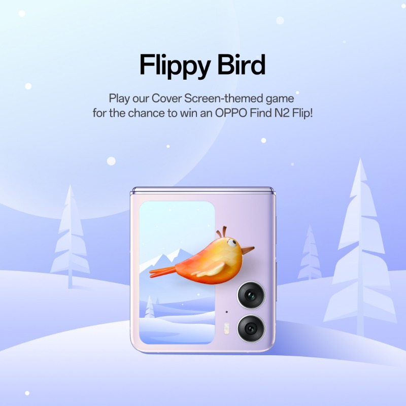oppo's tweet photo. 🎁 Play Flippy Bird for the chance to WIN a new #OPPOFindN2Flip 🎁

🐦 Fly as far as you can and share a screenshot of your high score with #OPPOFlippyBird to enter the prize draw! 🐦

⏳ Entries open until 23:59 (GMT+8), April 4th 
💬 T&amp;Cs to follow
#SeeMoreinaSnap