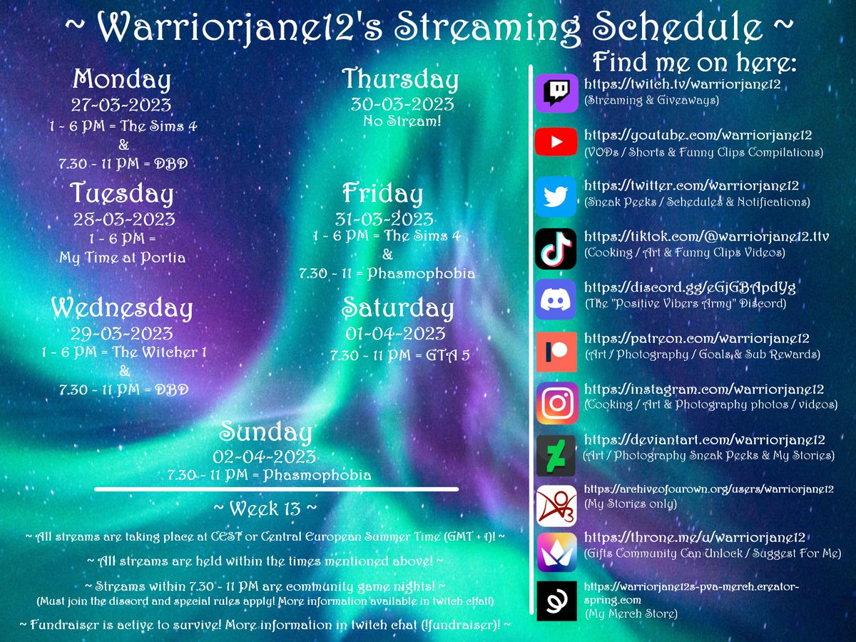 Schedule week 13! Double streams and more! Check it out! #chaosPHNX #madebywarriorjane12 #contentcreator #artist #writer #singsonwriter #cook #streamingschedule #goinglive twitch.tv/warriorjane12