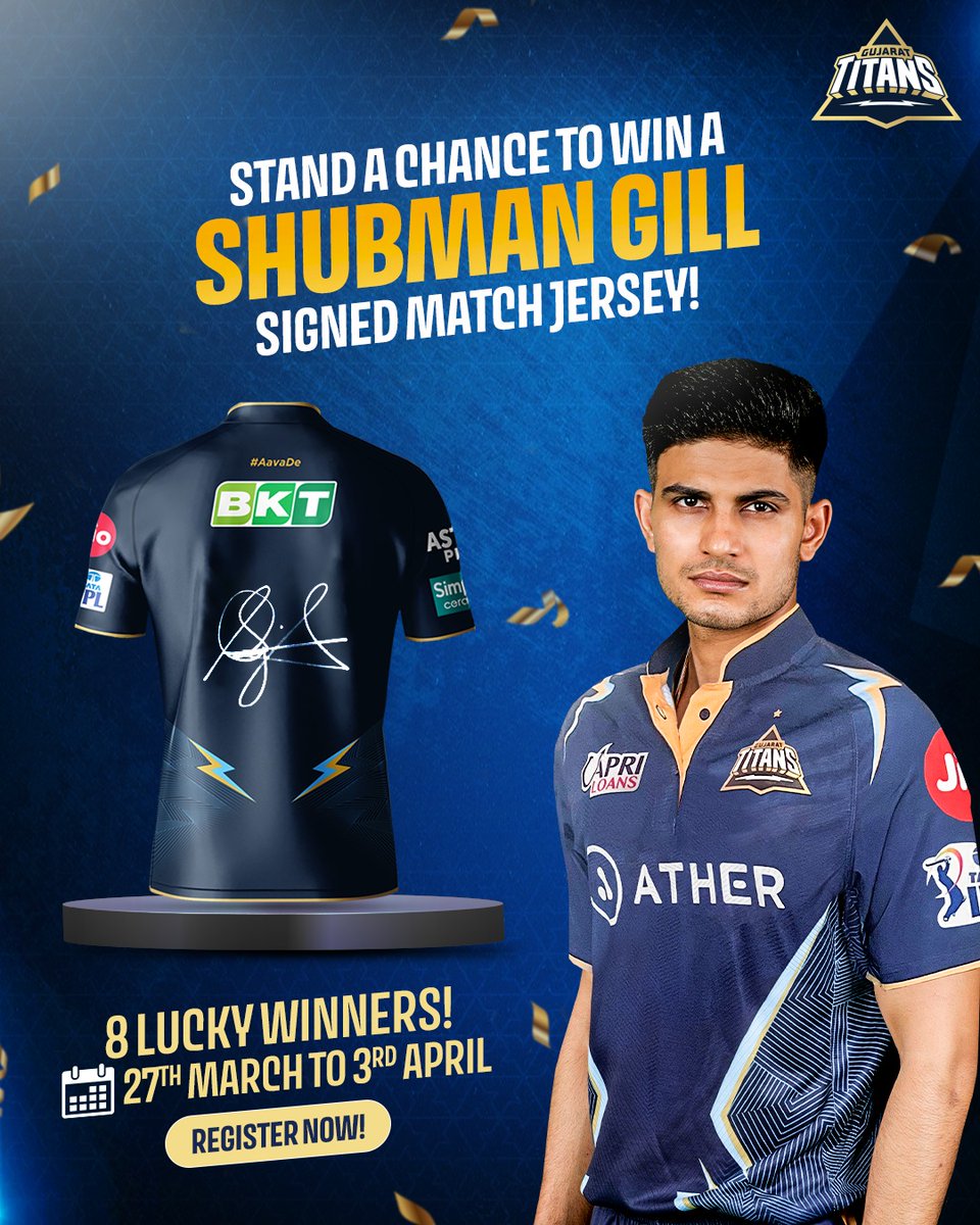 gujarat_titans's tweet photo. Now that's a special prize, haina #TitansFAM? 🙌

8 lucky winners stand a chance to win a signed Shubman jersey from 27th March to 3rd April, so visit this link, and register NOW 😍: https://t.co/6R7jQCp4Q5

*T&amp;C Apply 
#AavaDe | @ShubmanGill https://t.co/sbRT9FkyMJ