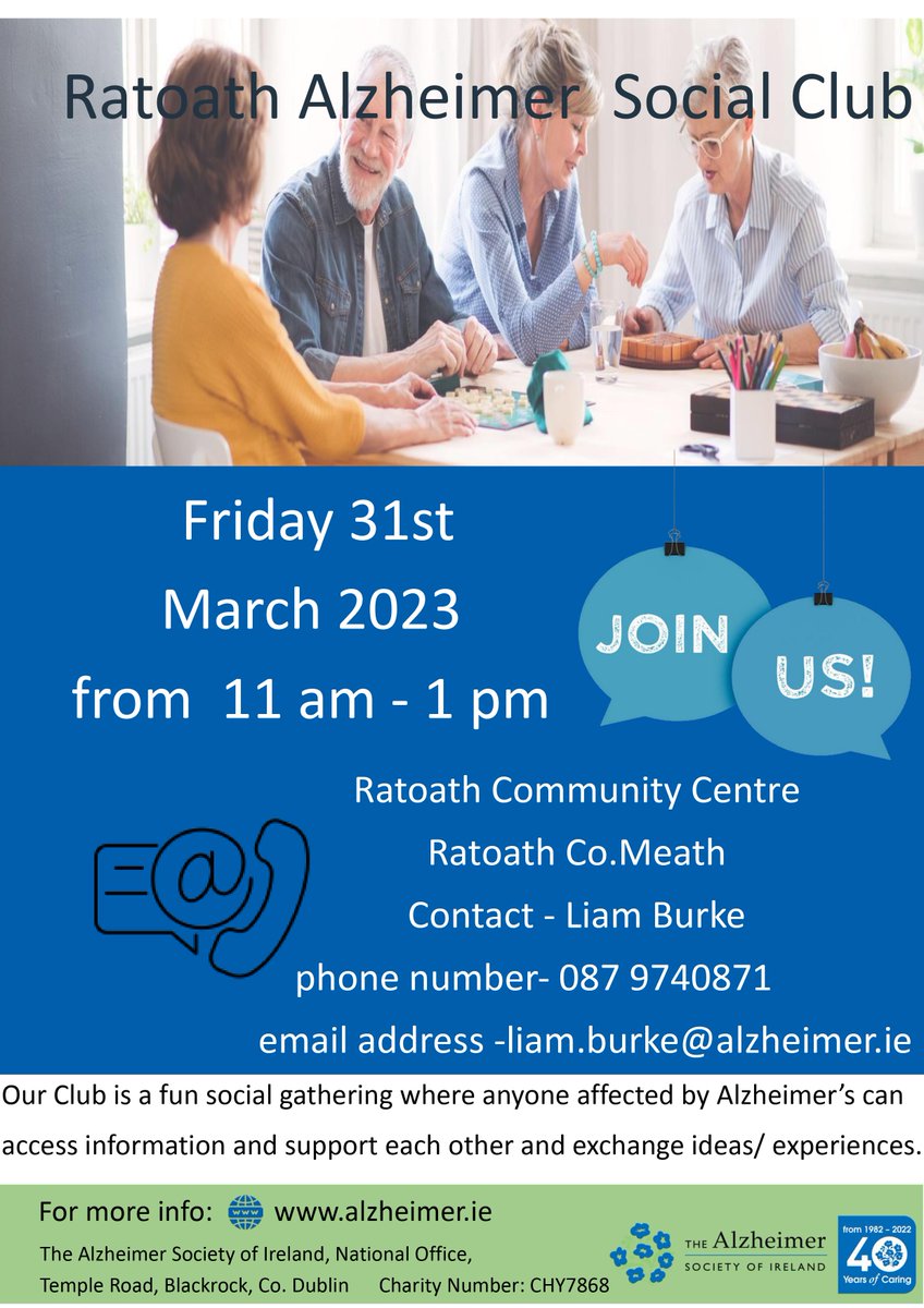 Join our Ratoath Alzheimer Social Club on Friday the 31st of March from 11am-1pm at Ratoath Community centre.

Contact Liam Burke at 0879740871 or liam.burke@alzheimer.ie for more information.
#DementiaSupports #Ratoath #CommunityCentre #alzheimersupport