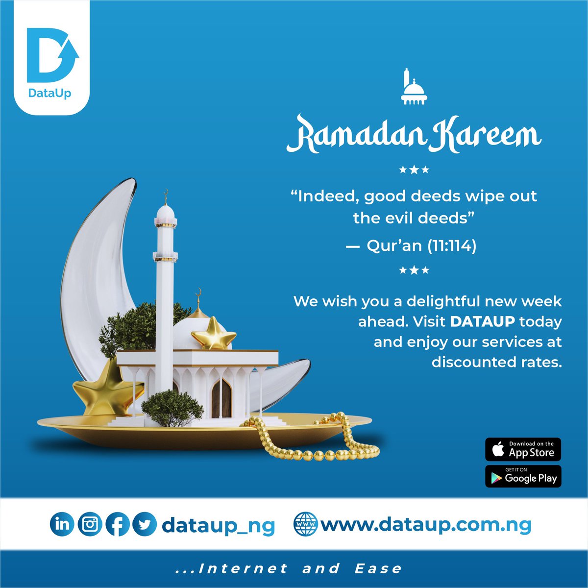 dataup_ng's tweet photo. Ramadan Kareem. βͺοΈ
We wish you a delightful new week ahead. Visit DataUp today and enjoy our services at discounted rates.
#dataup #nigeria #ramadankareem #newweek #internetandease https://t.co/Hng5hFE6Sg