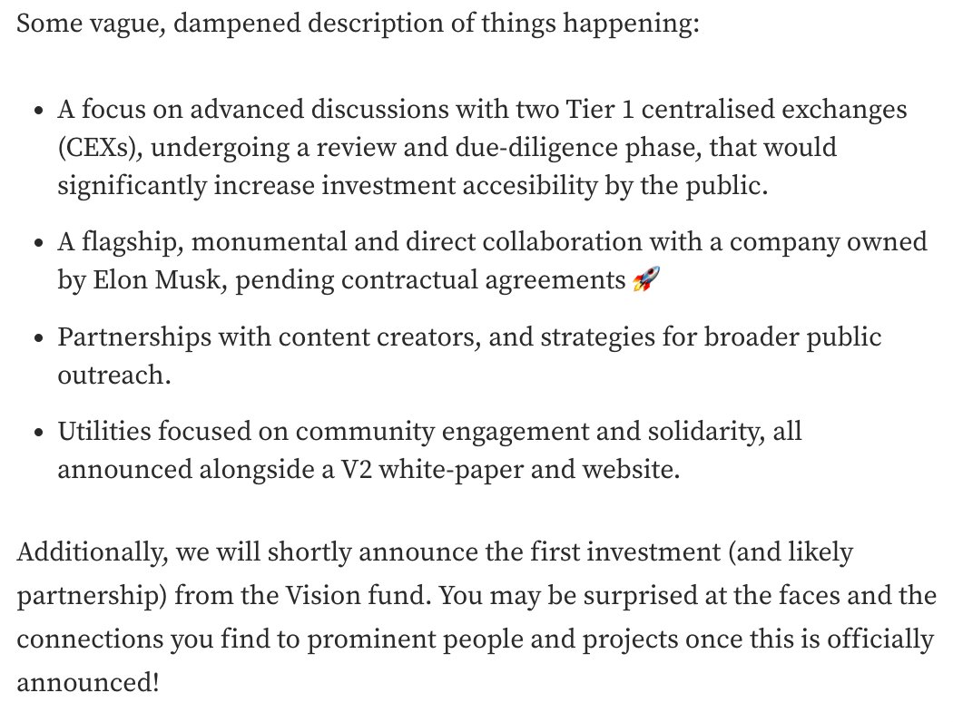 crypto_TomTom's tweet image. In case you were too lazy to read, #OPTIMUS is:
-In advanced discussions with 2 Tier 1 CEXs
-Working with an Elon Musk company (Tesla? SpaceX?)
-Multi-mil $ marketing budget
-Big partnerships in the works

definitely worth a read, as a current investor or prospective investor 🤖