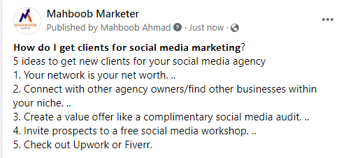 mahboobmarketer's tweet photo. 𝗛𝗼𝘄 𝗱𝗼 𝗜 𝗴𝗲𝘁 𝗰𝗹𝗶𝗲𝗻𝘁𝘀 𝗳𝗼𝗿 𝘀𝗼𝗰𝗶𝗮𝗹 𝗺𝗲𝗱𝗶𝗮 𝗺𝗮𝗿𝗸𝗲𝘁𝗶𝗻𝗴?
5 ideas to get new clients for your social media agency

#finding #clients #online #mahboobmarketer https://t.co/2IyLfeHp0u