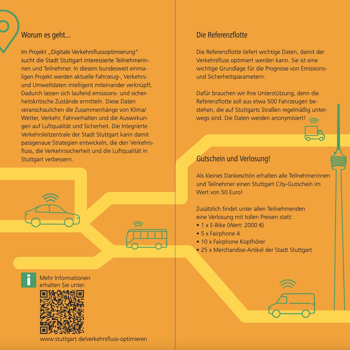 Hallo Stuttgart,
für das Projekt 'Digitale Verkehrsflussoptimierung'
(#DVFO) werden für die Referenzflotte Teilnehmer:innen gesucht!

Mehr Info's zum Projekt findet ihr am Flyer bzw. auf der Website:
stuttgart.de/verkehrsfluss-…