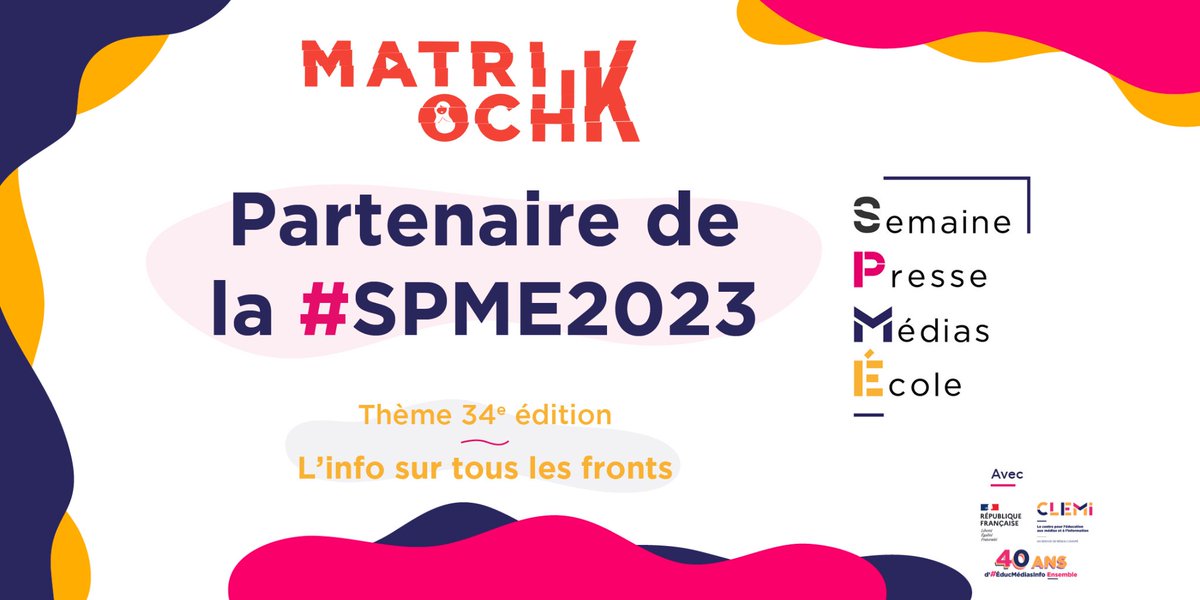 MatriochK_itw's tweet photo. Cette année encore, MatriochK est partenaire de @LaSpme de @LeCLEMI. Notre objectif : donner les moyens aux jeunes générations de former et d'exercer leur esprit critique face aux flux d’informations auxquels elles sont exposées.

#SPME2023 #CLEMI #ÉducMédiasInfo #Transmission https://t.co/ugwL9kO110