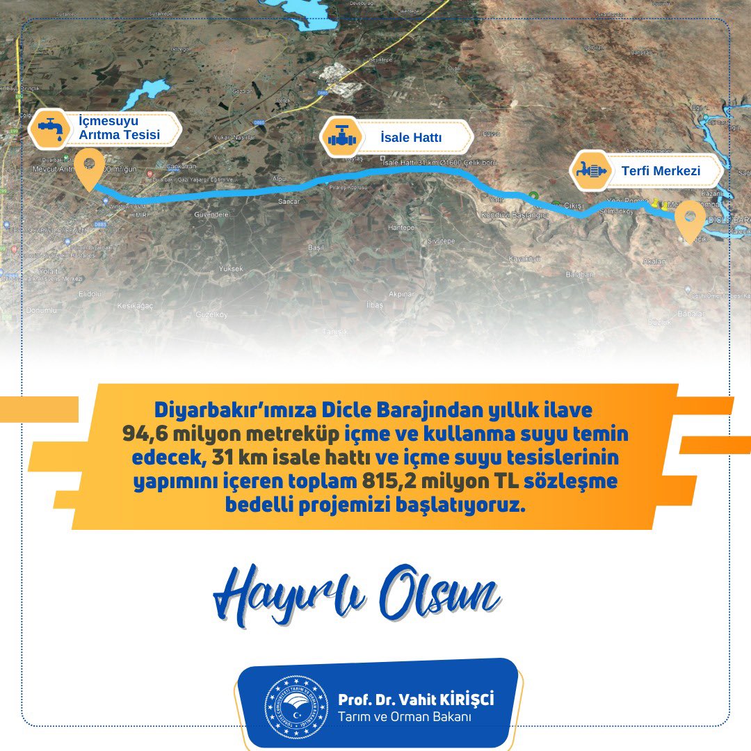 Diyarbakır’ımıza Dicle Barajından yıllık ilave 94,6 milyon metreküp içme ve kullanma suyu temin edecek, 31 km isale hattı ve içme suyu tesislerinin yapımını içeren toplam 815,2 milyon TL sözleşme bedelli projemizi başlatıyoruz.

Hayırlı, uğurlu olsun.