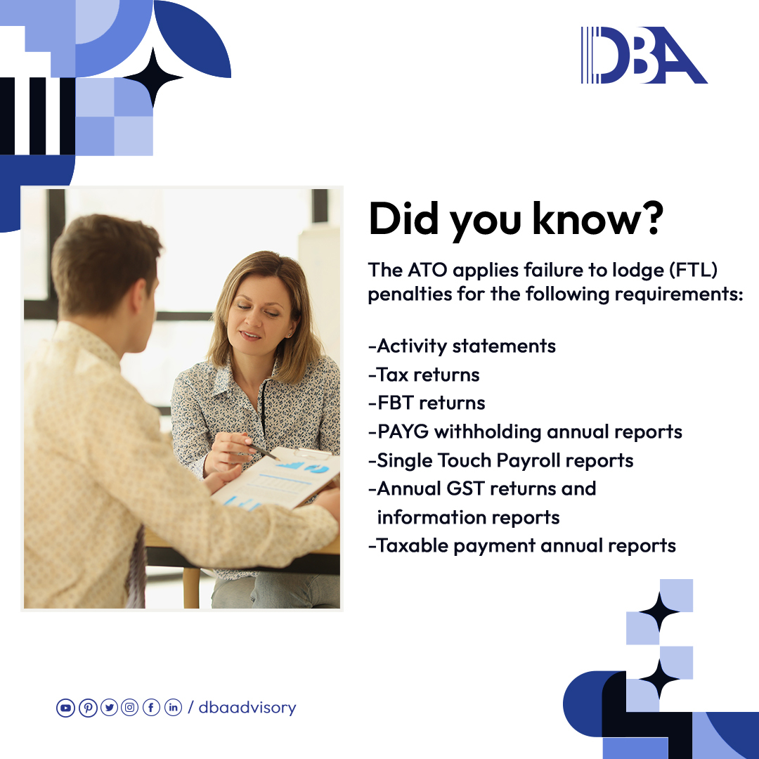 dbaadvisory's tweet photo. Our highly competitive accountants can help you make sure you meet your lodgment obligations, not just with your returns but also your reports and statements, on time to avoid incurring FTL. https://t.co/aSRRO3geNX

#DBAAdvisory #taxcompliance #wfhtax #taxreturn #taxaustralia https://t.co/r44DJ8cOm7