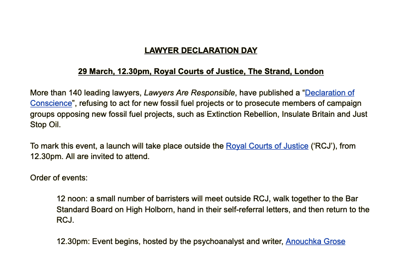 Please join us on Wednesday, 29 March, 12.30pm outside Royal Courts of Justice, the Strand for #LawyerDeclarationDay

#LawyersAreResponsible #FutureOfLaw

bit.ly/40vxide