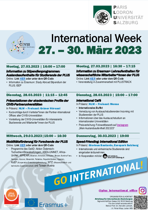 INTERNATIONAL WEEK an der @PLUS_1622! Heute im #LehrendenJourFixe: Petra Höpfner und Uta Degner  zum Thema Auslandsaufenthalte für Lehrende mit Erasmus+. 16:30 online uni-salzburg.webex.com/meet/eline.lee… <a href="/dept_psych_sbg/">Department of Psychology, Univ. Salzburg</a> #LehreGemeinsamGestalten