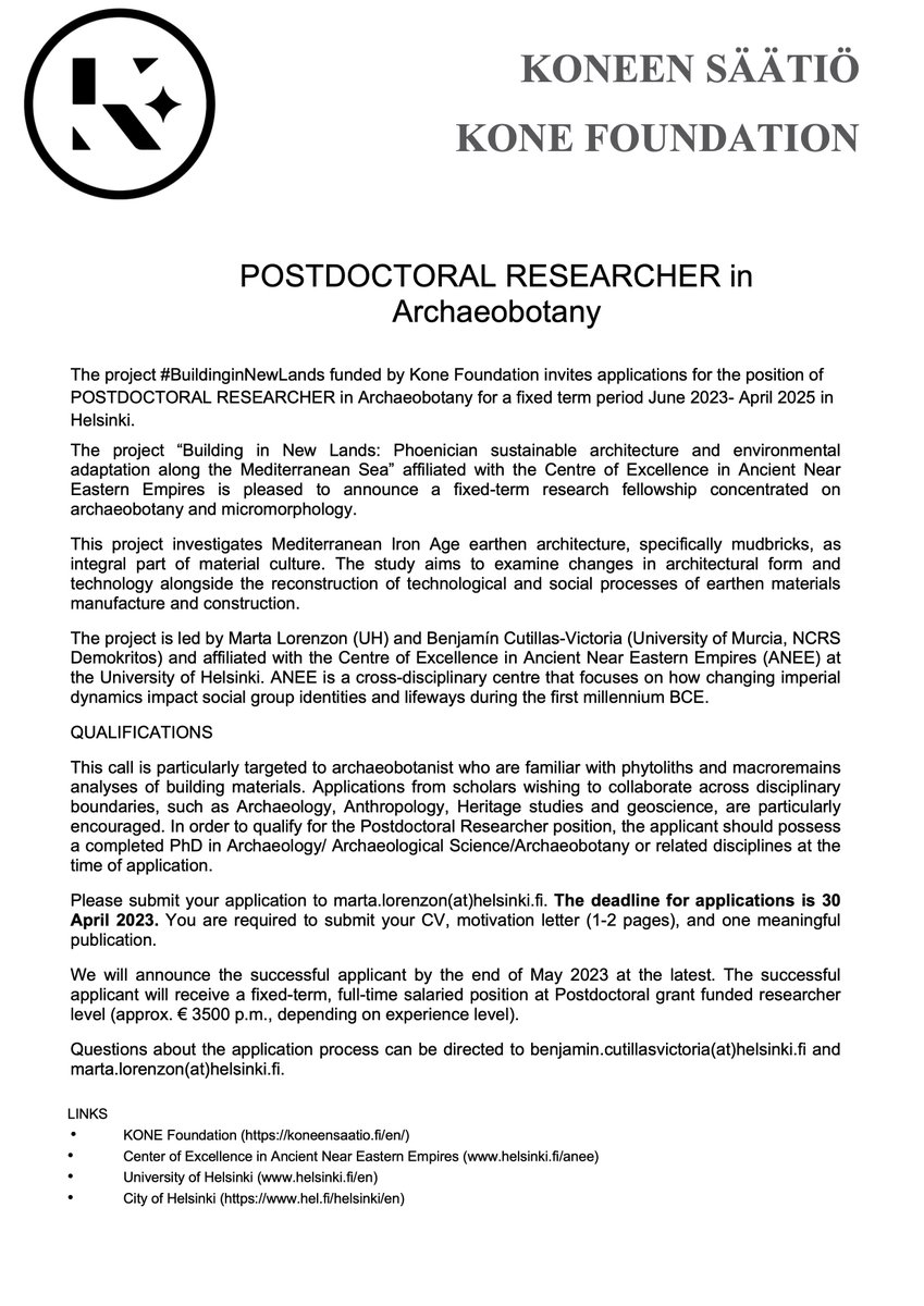 #academicjob #postdocposition Open position as postdoc in archaeology/archaeobotany our new project #BuildinginNewLands. DM if you have any questions.