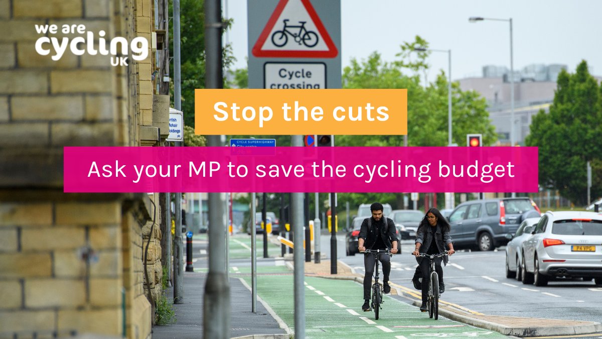 We need your help to #SaveTheCyclingBudget. ⚠️

The Government has reduced the active travel budget by two-thirds. These catastrophic cuts create a huge funding gap for cycling - yet represent only a miniscule saving for the Treasury.

Write to your MP: 🖊️ ow.ly/rb8950NpR5x