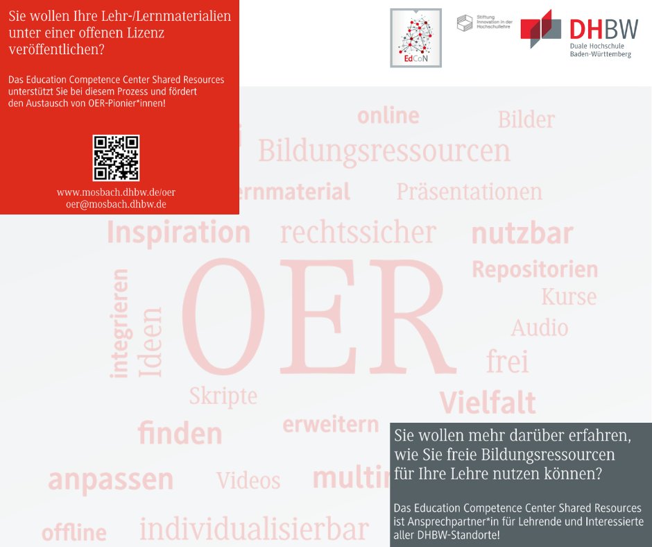 Das Kompetenzzentrum OER beschäftigt sich an der DHBW Mosbach mit offenen Lehr-/Lernmaterialien. Ziel des Projektteams ist, das gemeinsame Erstellen, Nutzen und Teilen von Lehr- und Lerninhalten zu fördern.➡️edcon.dhbw.de
#OER #DHBW #EdCoN