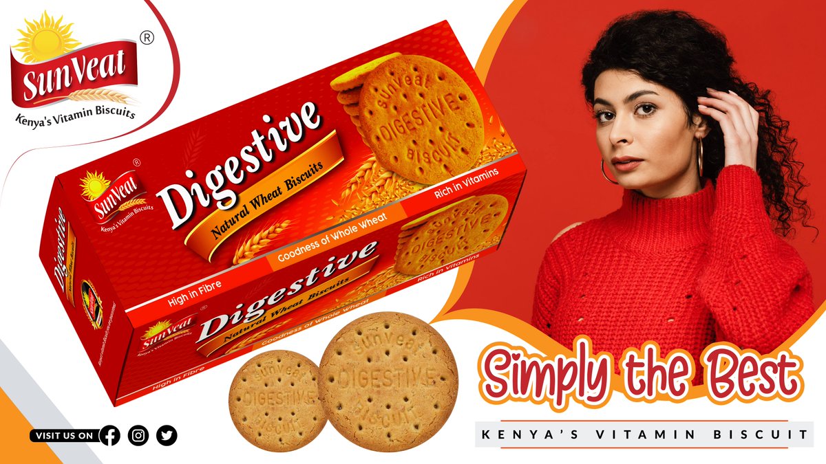 sunveat's tweet photo. Chagua la wote and simply the best, Suveat Digestive Biscuit. With every bite you take, enjoy the goodness of whole wheat, rich in vitamin and high in fibre.
#SunveatBiscuits #kenyasvitaminbiscuits #trending #madewithlove #madeinKE #buykenyabuildkenya #madeinkenya #MadeForKenya https://t.co/aOMYb5YDI3