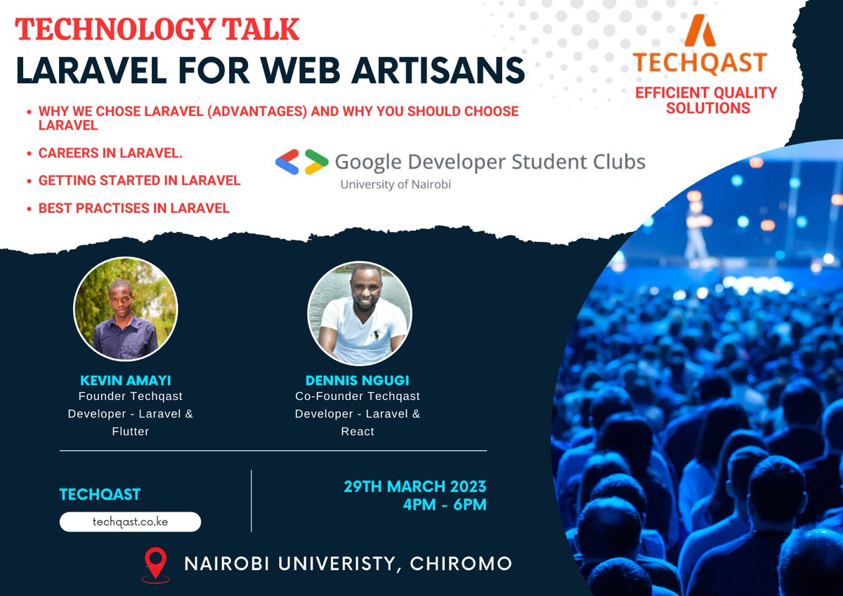 DSC_UoN's tweet photo. Join us for an exciting introduction to Laravel, the popular PHP framework for web artisans! This event is perfect for anyone who wants to learn more about Laravel and explore the opportunities available to web developers in this exciting field. https://t.co/BVyhbenymj
