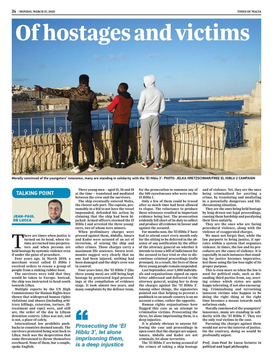In my piece on the back page of @TheTimesofMalta today, I join the call to #DropTheCharges against the @ElHiblu3. Not doing so would be profoundly unjust. 
timesofmalta.com/articles/view/…