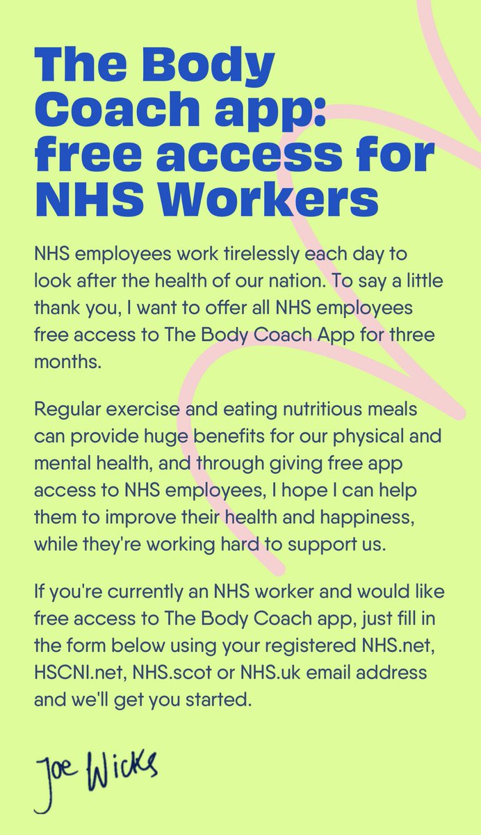 thebodycoach's tweet photo. Calling all NHS staff… You can now have access to the Body Coach App for FREE… click here to apply https://t.co/PE4p64adWG 😀🙌🏽 https://t.co/8jBcKFtAJ2