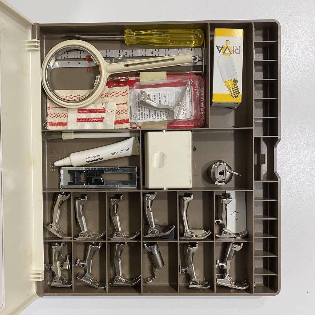 K I T

#marchmeetthemaker | day 27

as far as machinery is concerned, there isn’t a lot - essentially my bernina sewing machine &amp; this little box of tricks.
i do like a set of drawers, a miniature version especially - &amp; boxes with compartments, &amp; this is… instagr.am/p/CqSKlYKtbKj/