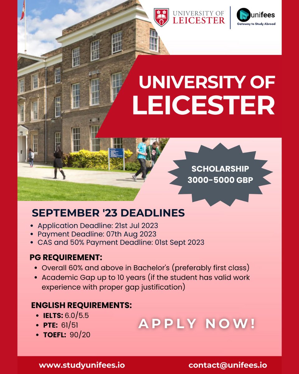 The University of #Leicester is offering many competitive #scholarships for our international students

Apply now for the September 2023 intake and you could be eligible for a scholarship that offers a discount of £3,000 on £5,000! 

#UniversityOfLeicester #UK #studyinUK