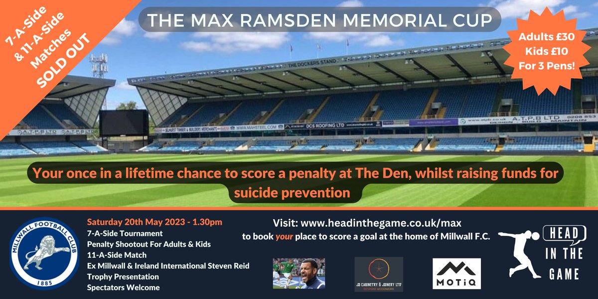 HITGCIO's tweet image. #millwall fans, this is your once in a lifetime opportunity to score a penalty at The Den!

In association with @MOTIQSPORTS &amp;amp; supported by ex #millwall &amp;amp; @IrelandFootball legend @stevenreid12, @HITGCIC are proud to bring you the 'Max Ramsden Memorial Cup' headinthegame.co.uk/max