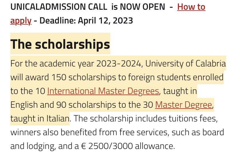 Now that I'm in Italy🇮🇹, let me show you this scholarship 

Deadline is April 12th.

I know someone currently enjoying this scholarship.

Allowance is 2500/3000 Euros monthly.

RT and Tag your friends.

Link: unical.it/internazionale…
