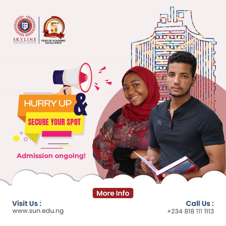 SkylineUNigeria's tweet photo. Attention all aspiring undergrads! Admission for Spring is currently ongoing and slots are filling up fast. Apply now and take the first step towards achieving your dreams!
#SUN #AdmissionOngoing #SecureYourSlot #StartYourJourney #AchieveYourDreams #SkylineUniversityNigeria https://t.co/OhHR7zZdfe