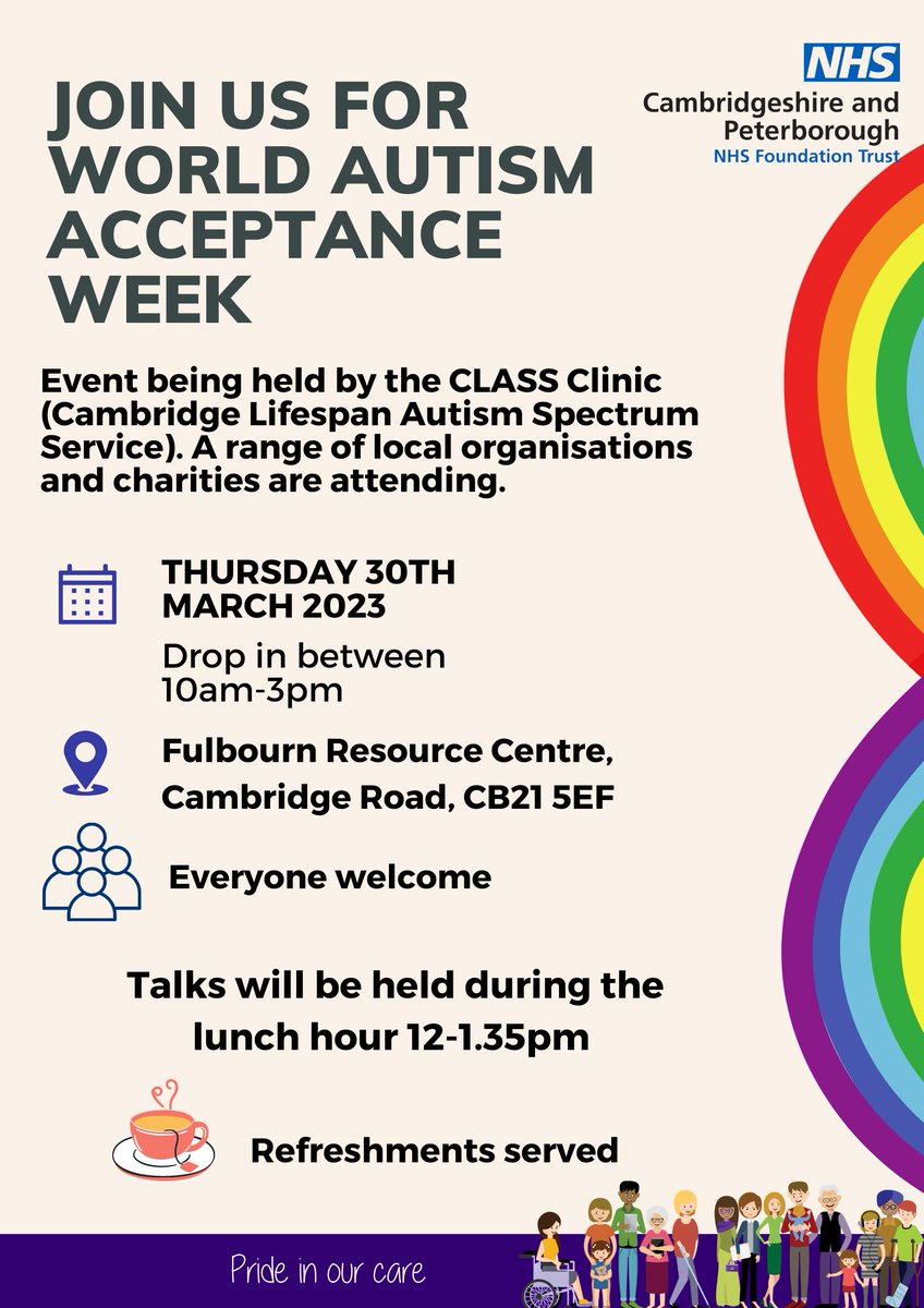 CPFT_NHS's tweet photo. Celebrate World Autism Acceptance Week with us on Thursday, 30 March at the Fulbourn Resource Centre. See below for more details👇 https://t.co/VytRDX067q