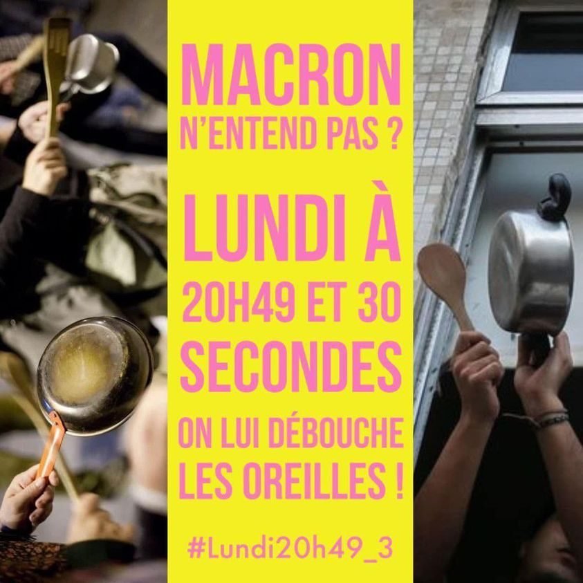 🚨Opération  #Lundi20h49_3  : Faites du bruit 📢contre la #ReformeDesRetaites 
💥Toute initiative est bonne. On continue la lutte ✊
L’idée c’est d’appeler à faire un max de bruit 🍳🍲dans la rue, de nos fenêtres ou nos voitures 🔊lundi soir à 20h49 et 3 secondes 😁

#greve28mars