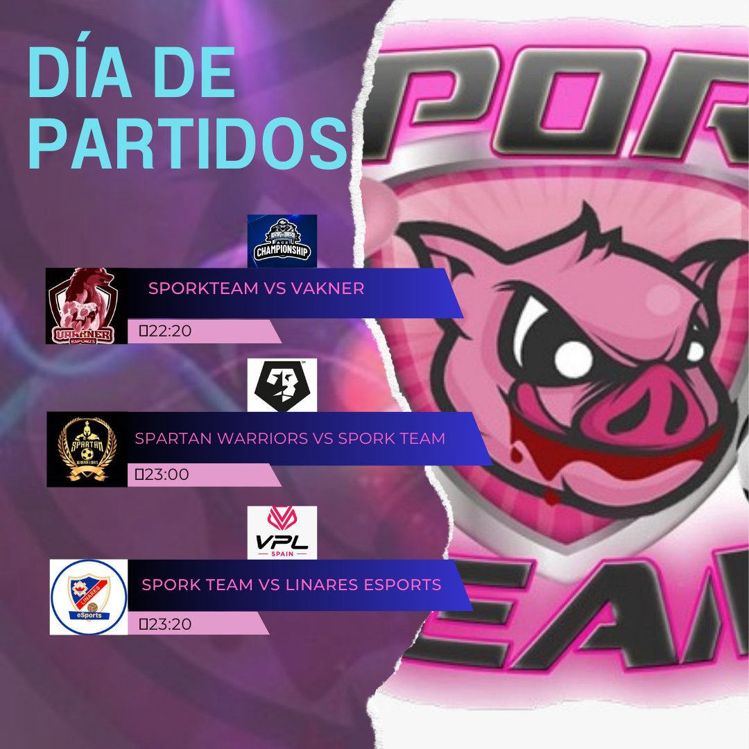 Comenzamos fuerte.
🐽De primero en <a href="/Ace_espanaa/">ACE España</a> donde sorprenden en cualquier momento <a href="/VaknerEsports/">VAKNER ESPORTS</a>
🐽A continuación viajamos a <a href="/VFOspain_xbox/">VFOspain XBOX</a> allí estarán con su armadura <a href="/SpartanWarri0rs/">Spartan Warriors</a> 
🐽Finalmente en <a href="/VPLSpain/">VPL Spain</a> nos encontraremos con @LinaresEsports 
#Aupa_Familia_Spork 🐖🩷