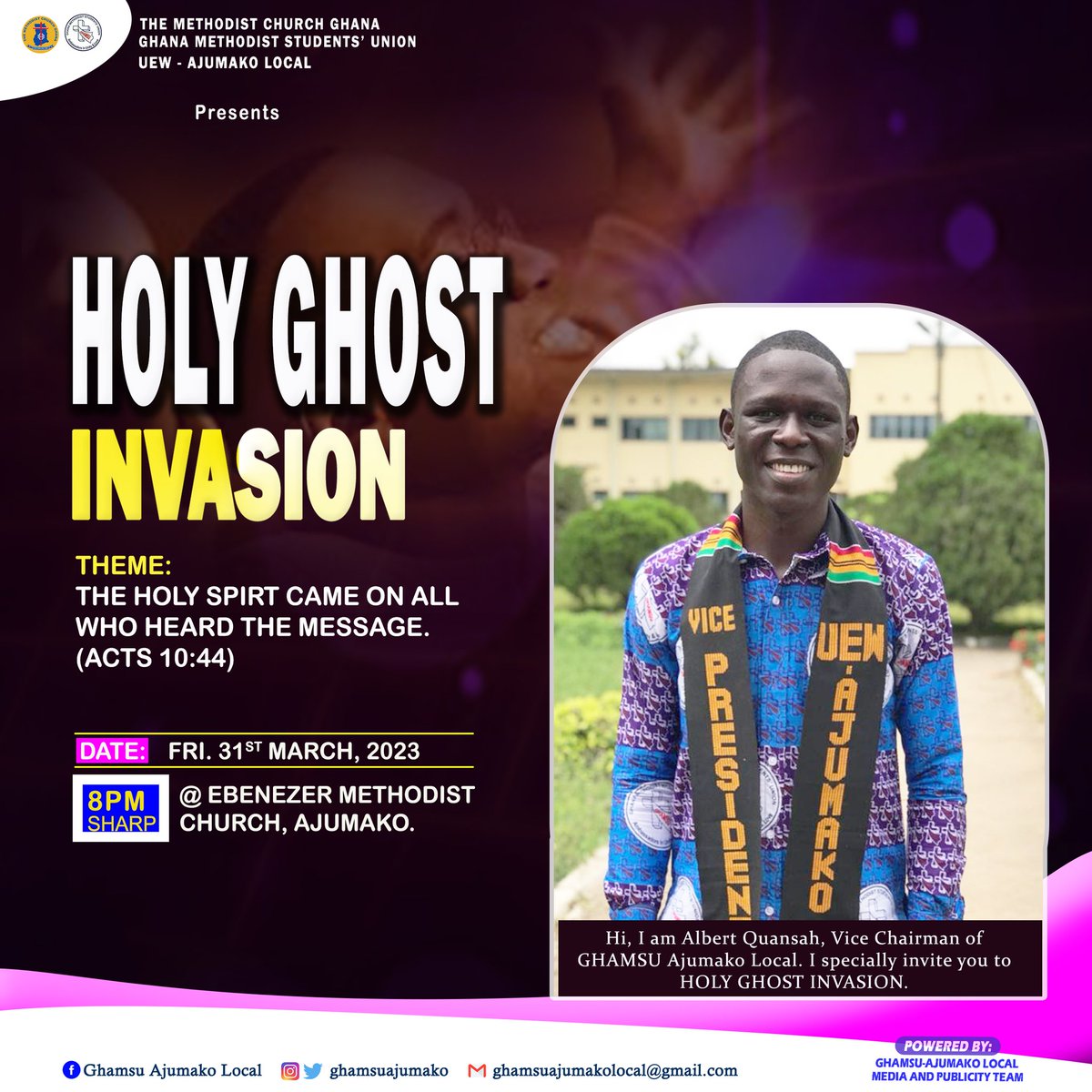 ghamsuajumako's tweet photo. Hi👋🏻 everyone🥰...
I am Albert Quansah, the Vice Chairman of GHAMSU Ajumako Local.
I specially invite you to HOLY GHOST INVASION.
Be there because, it's gonna be fire🔥🔥🔥.
#HolyGhostInvasion
#FireForTransformation https://t.co/euW0HBg96X