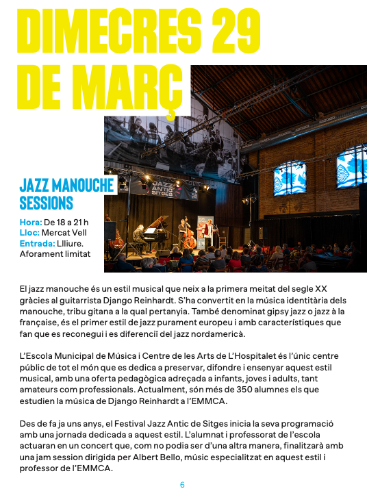 🥳El Festival Jazz Antic de Sitges celebra el 10è aniversari. L'alumnat de #jazzmanouche de l'@EMMCACentreArts torna a participar en el @jazzanticsitges! 🥰 🔝Jazz manouche sessions 📆29 de març ⌚️18.00 a 21.00 h 🚩Mercat vell de Sitges #EMMCACentreArts #LHospitalet #Sitges