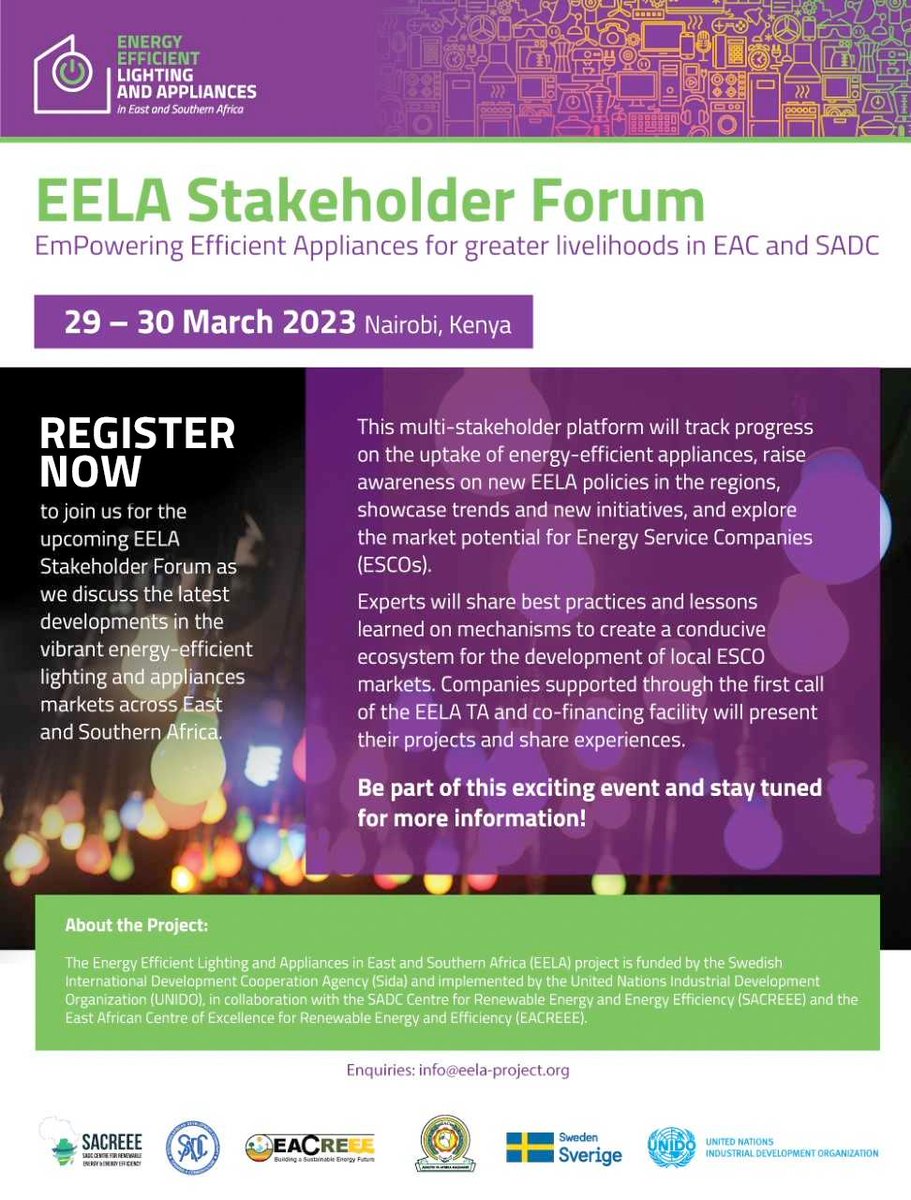 Only one day left to register for online attendance of the #eelaforum2023 in Nairobi, Kenya on 29-30 Mar - eela-project.org/event/eela-sta…. Be part of the conversation on EmPowering Efficient Appliances and Greater Livelihoods in EAC & SADC. #energyeffiency