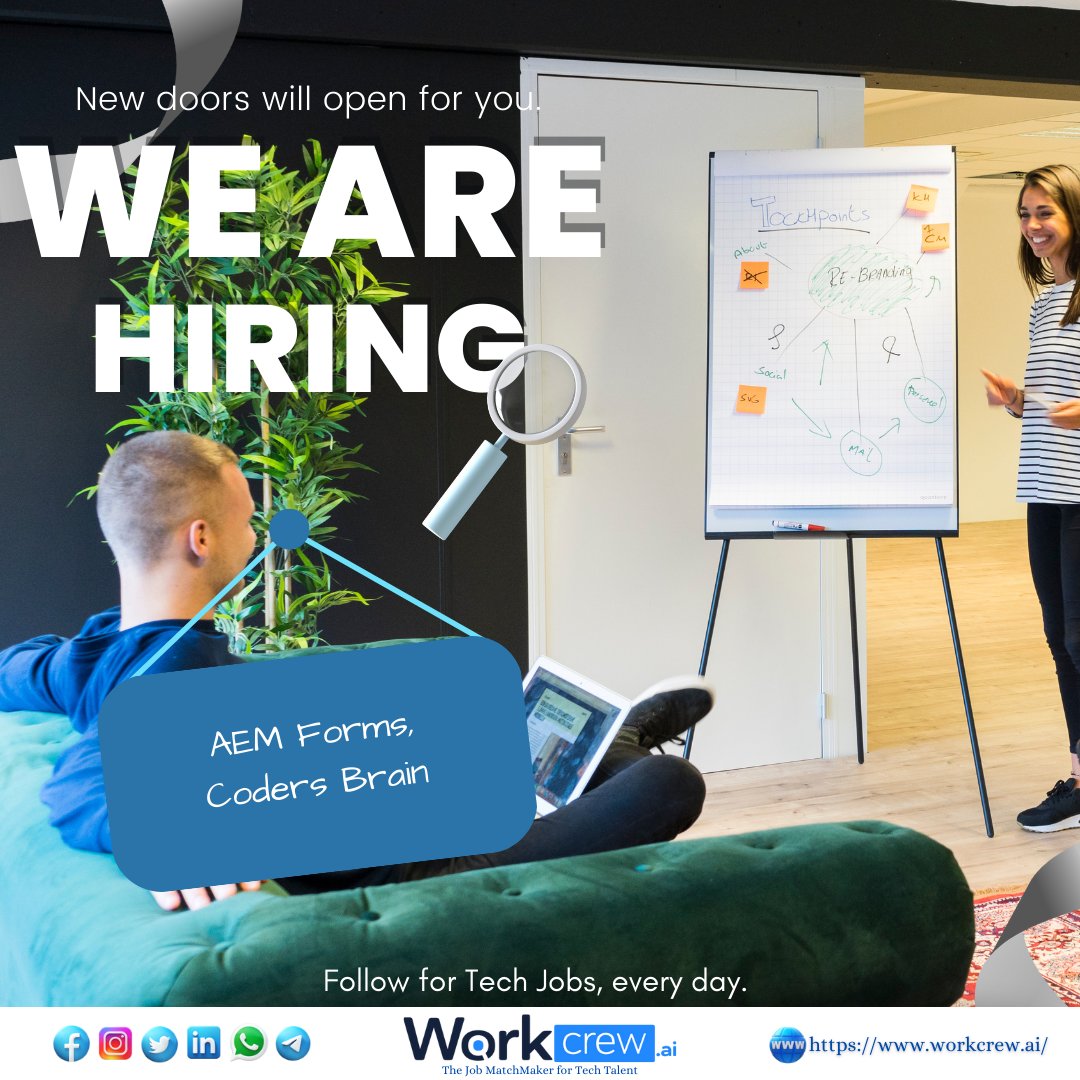Workcrew_ai's tweet image. 🤝 WorkCrew is hiring

🏇 Job Title : AEM Forms, Coders Brain
📍 Location : Hyderabad

💻 Login to find more Tech Jobs here : workcrew.ai
✍ Apply for the mentioned job here : lnkd.in/d8gwR-HC

#aemdeveloper #aem #hiringalert #jobs #hiringnow #hiringimmediately