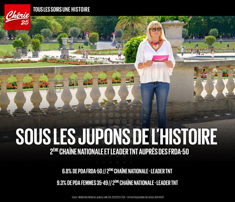 ❤️#Chérie25
🥈2ème chaîne nationale et leader #TNT auprès des FRDA-50 avec...
📺 « Sous les jupons de l’histoire »
📆Le dimanche #26mars2023
📈#Audiences
✅6.8% de PDA FRDA-50
✅9.3% de PDA 👩🏻 35-49

#SousLesJupons