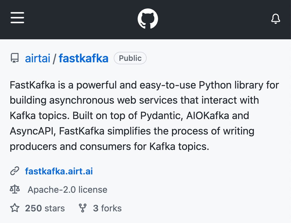 airt_AI's tweet image. Btw, huge #thanks for all the stars, we’ve now hit 250! 🤩 Each one motivates us to work harder so, keep ‘em coming! 😁❤️

bit.ly/FastKafka

#FastKafka #Python #GitHub