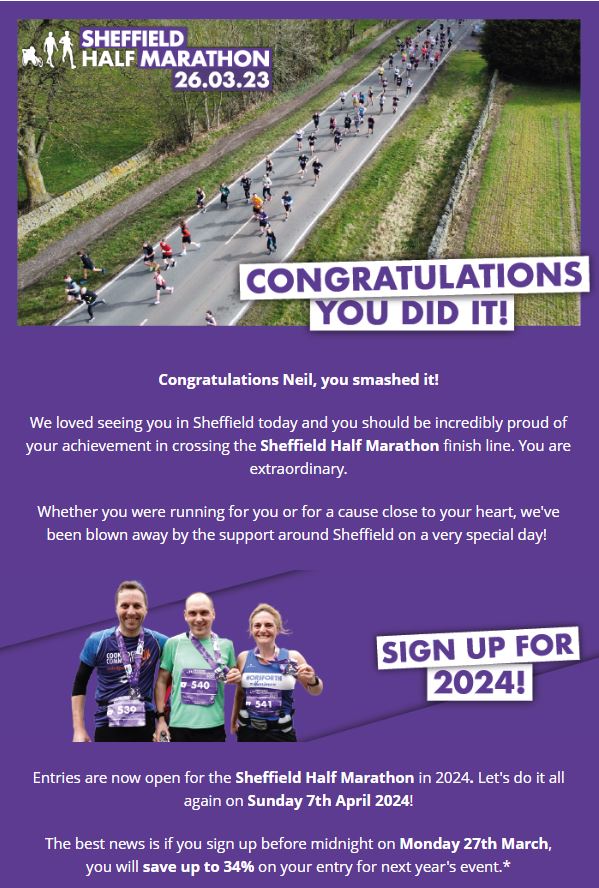 I am 'results email' famous.
#SheffieldHalfMarathon