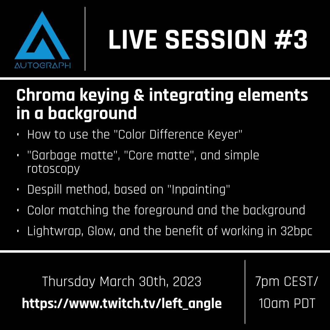 left_angle_EN's tweet photo. 🗓️Join us LIVE again this Thursday at 7pm CEST (10am PDT) as we go over Chroma keying and integrating elements in a background 🟩
https://t.co/OmMeTuFvDA
#leftangleautograph #livesession #twitchlive #chromakeying #greenscreen #rotoscopy https://t.co/GfFKJFjxnj