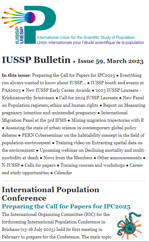 Read about past and upcoming #IUSSP activities in the March Bulletin, including preparations for #ipc2025 in Brisbane, IUSSP at #PAA2023, Early Career awards, and much more. 
iussp.org/en/iussp-bulle…
#poptwitter
#demography