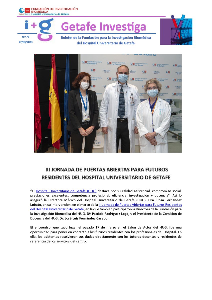 💡🆕 ¿Has leído nuestro último Boletín i+g #Getafe #Investiga 🔬🧬?

📌 En portada puedes encontrar la III Jornada de Puertas Abiertas para Futuros #Residentes del #HospitalGetafe.

🔗iisgetafe.es/wp-content/upl…

#FIBHUG con la #Investigación en #Salud