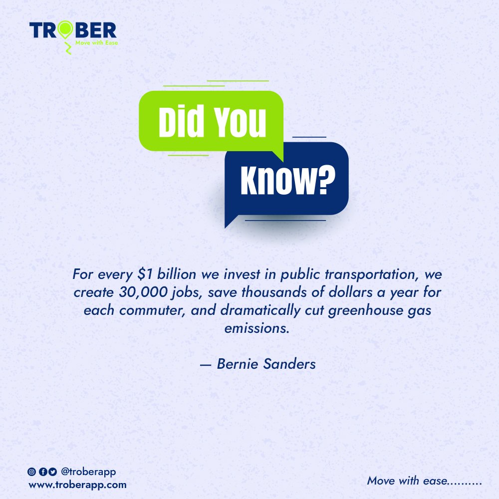 troberapp's tweet photo. Your investment in public transportation might not necessarily be billions of dollars. It's the small choices that matter like ditching your private car to ride a bus today. 

Join Trober to make public transportation better.
#trober
#troberapp
#movewithease
#sharedmobility https://t.co/zpaN45DP5N