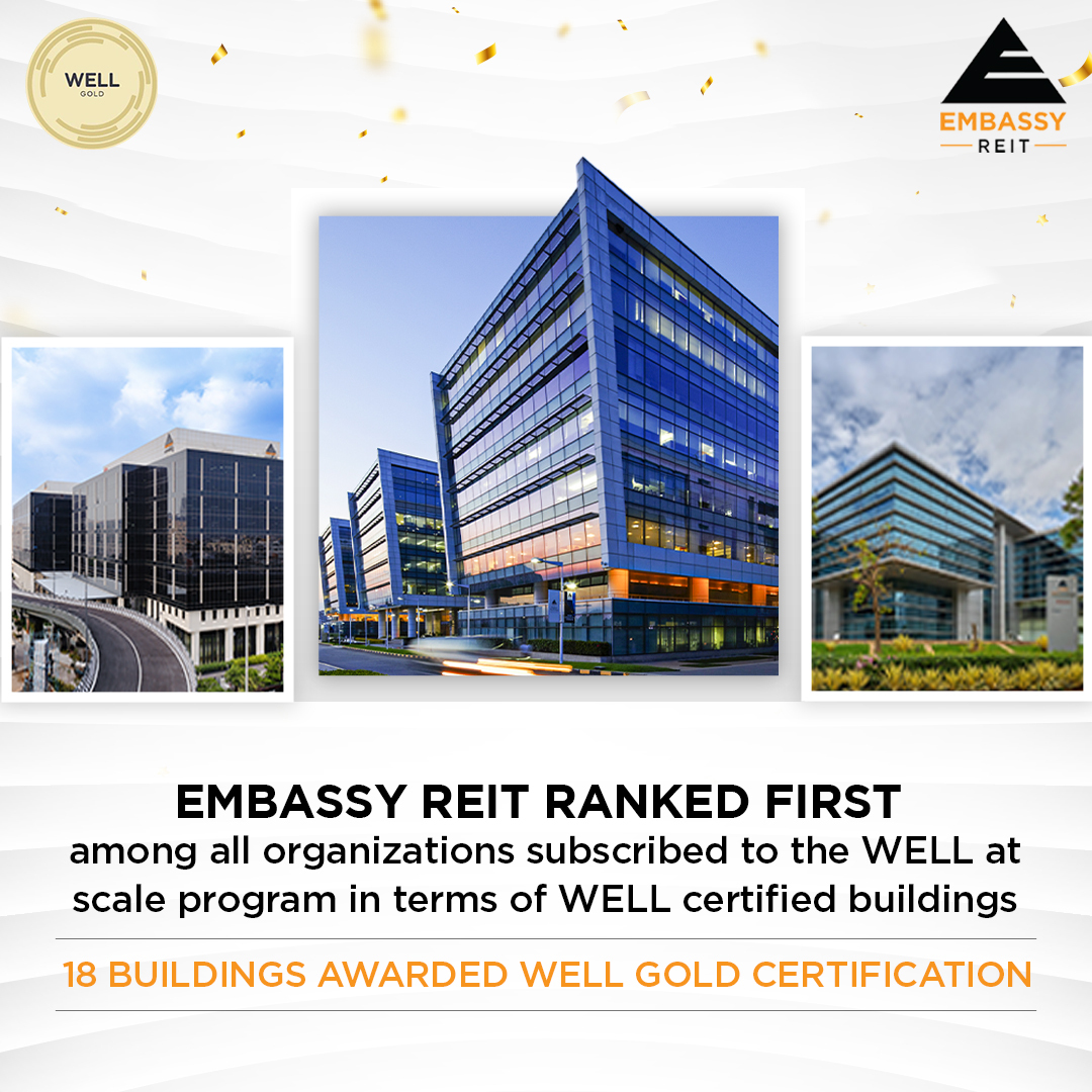 Embassy REIT was awarded the WELL Gold certification, considered one of the highest standards for building wellness certification, with 12 stringent parameters evaluated.

#EmbassyREIT #WellCertification #Commercial #REITIndia #REIT #India #WELLatscale #WeAreWELL