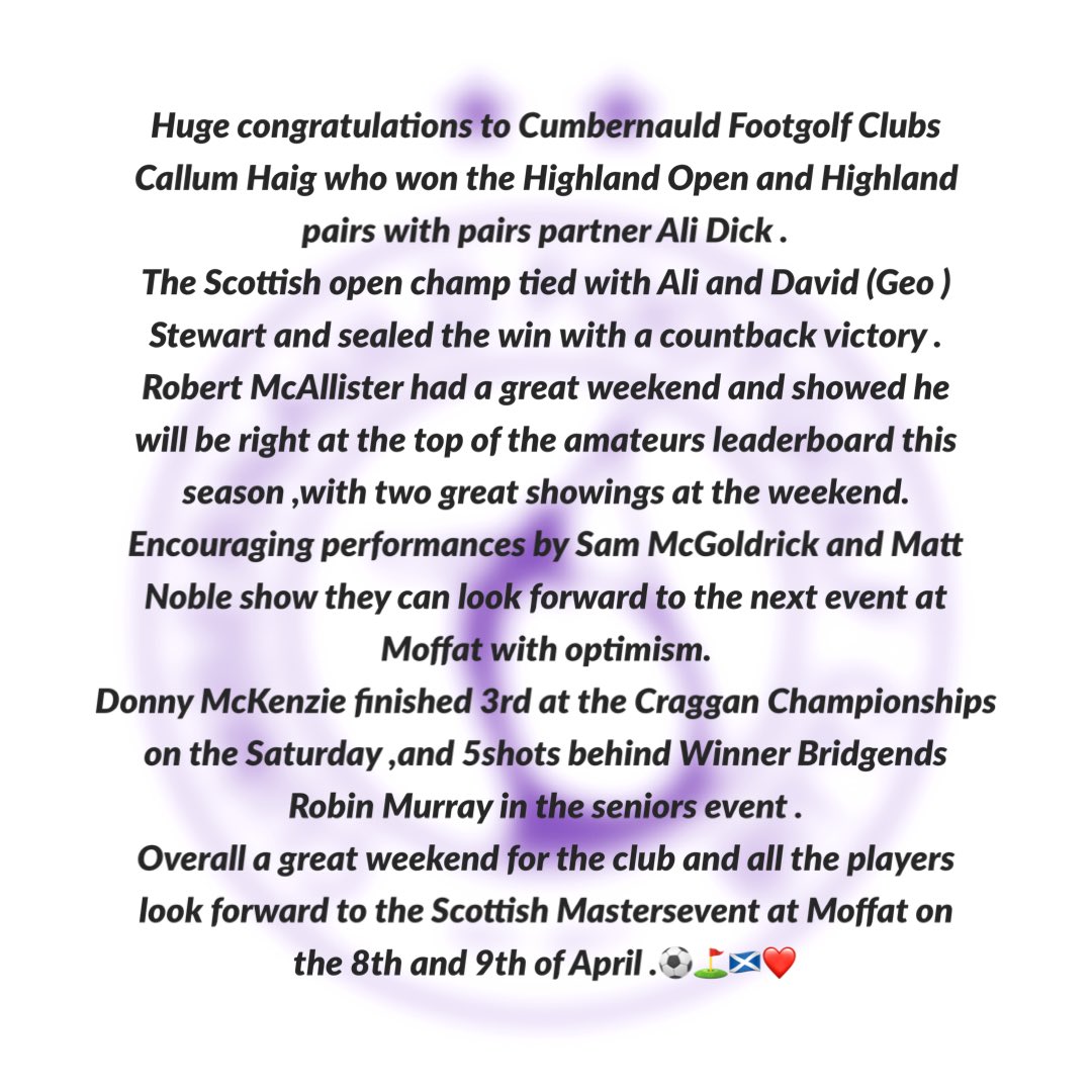 footgolf_club's tweet photo. Great weekend for the club players at Craggan highland open (more information in picture) #footgolf #Highlands #cumbernauld @FGCumbernauld @FGAScotland #weekend #monday #Glasgow # https://t.co/gHsnFYiFSl
