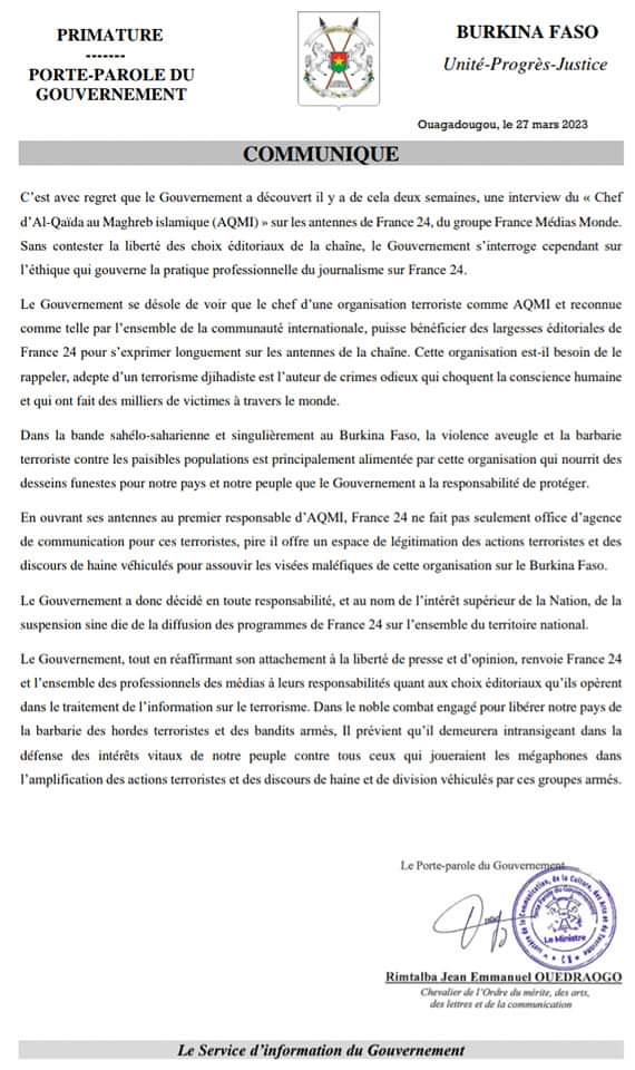 cissoub1's tweet photo. 🚨Le @gouvernement_burkinabè suspend @france24 pour avoir donné la parole à aqmi. https://t.co/xitlZHJ2LQ
