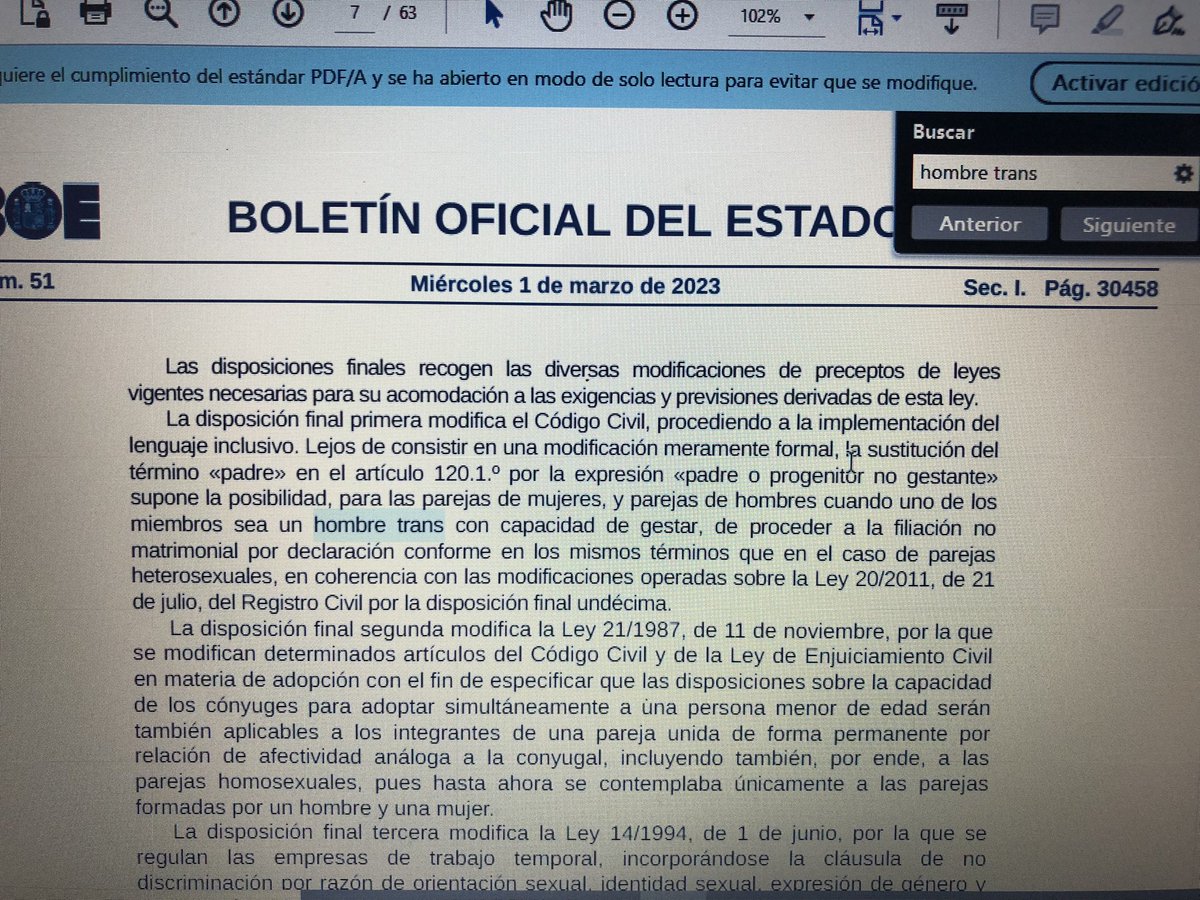 ¿Sabéis cuantas veces aparece la expresión “hombre trans” en la Ley 4/2023 ? 
Solamente una vez. 
Lo hace a continuación de “con capacidad de gestar”. Para recordarnos nuestra funcionalidad reproductiva supongo, y no sobre derechos.