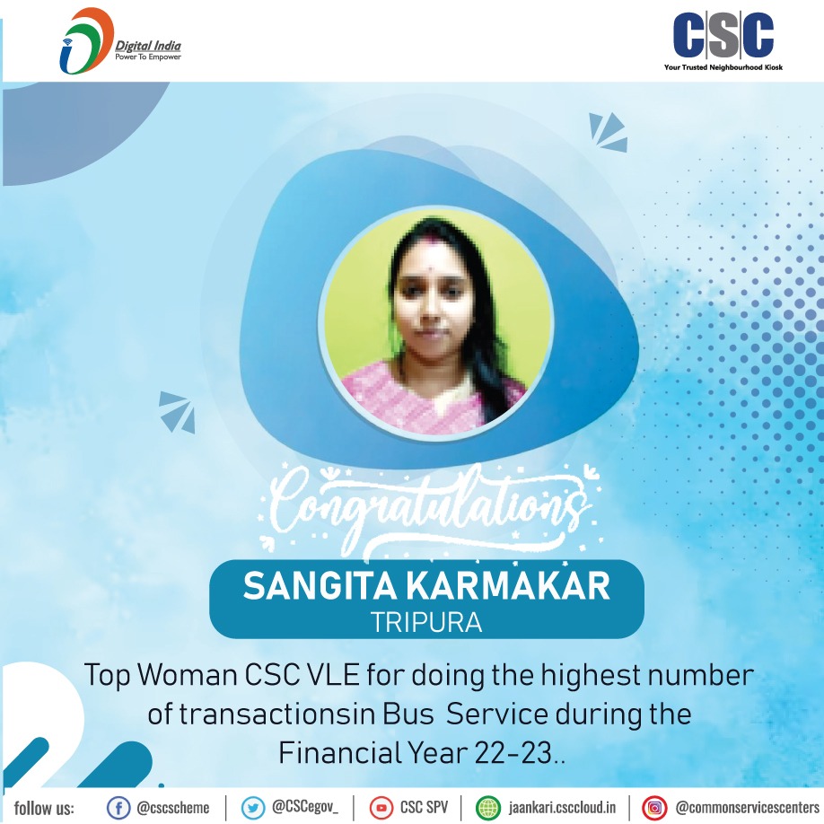 CscSafar's tweet image. Happy to Inform!!

Congratulations🥳 to Top CSC WOMAN VLE Ms. SANGITA KARMAKAR from TRIPURA for highest number of Txn in BUS Service during the Financial year 22-23..

wish you all the best for your future endeavors.💐

#cscsafar #csc #cscbusbooking #digitalindia #commission