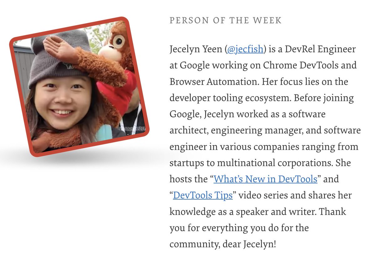 Our Person of the Week is a DevRel Engineer at Google working on Chrome DevTools and Browser Automation. Please give a warm round of applause for... Jecelyn Yeen!

Thank you for everything you do for the community, dear <a href="/jecfish/">Jecelyn Yeen 🐟</a>!

#smashingcommunity