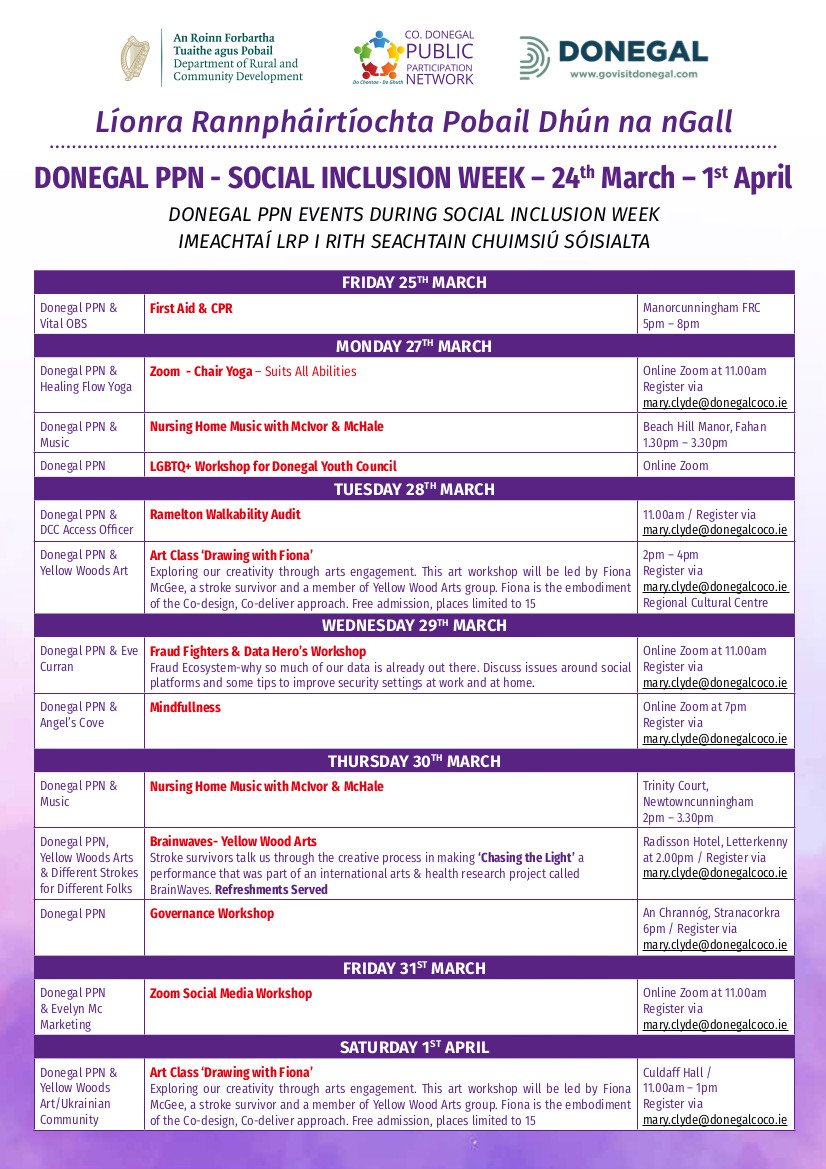 Donegal PPN (@donegalppn) on Twitter photo One Donegal - Social Inclusion Week
See image below for list of events we are hosting as part of Social Inclusion Week 2023.
See full 2023 event programme here: donegalcoco.ie/media/donegalc…
#donegalppn #onedonegal One Donegal - Social Inclusion Week
See image below for list of events we are hosting as part of Social Inclusion Week 2023.
See full 2023 event programme here: donegalcoco.ie/media/donegalc…
#donegalppn #onedonegal
