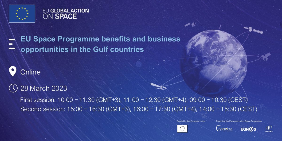 📢 Our webinars for the Gulf Region are around the corner: don't forget to tune in! 

Not registered yet? There is still time!

🔵 Register here for the morning session ➡️ eu-global-space.eu/events-outreac…

🔵 Register here for the B2B session in the afternoon ➡️ eu-global-space.eu/events-outreac…