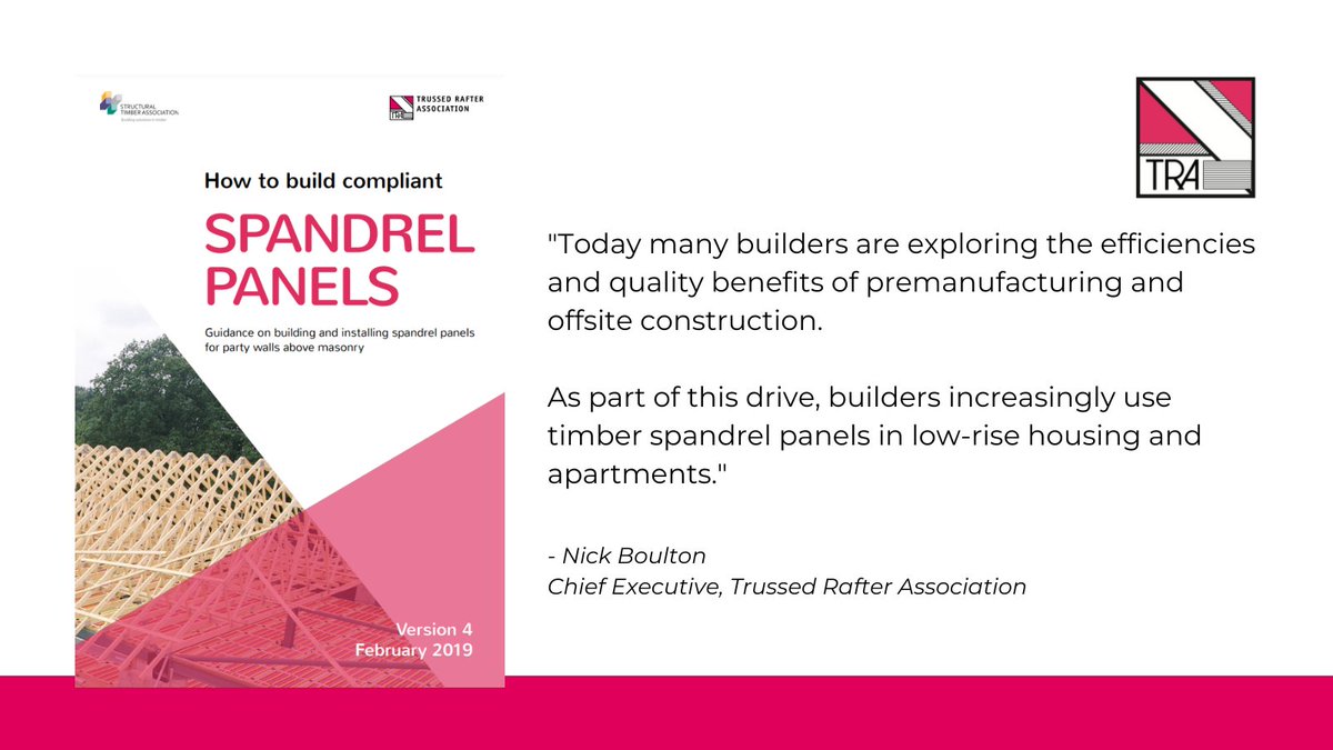 The TRA health &amp; safety committee has issued a guide with the Structural Timber Association on building compliant spandrel panels. 

To read the guide, visit our website: ow.ly/2URA50N82mb

#SpandrelPanels
#TechnicalSupport
#HealthAndSafety
